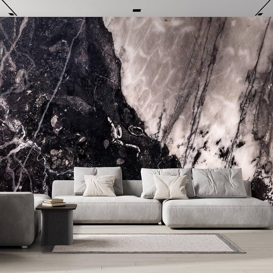 Marble-effect wall mural with seating